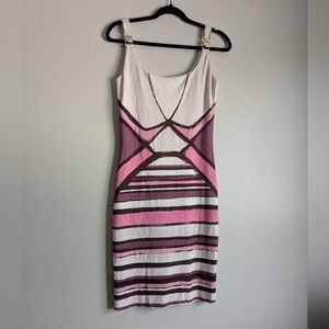 Versace Collection Pink and White Geometric Fitted Midi Dress Size 8
